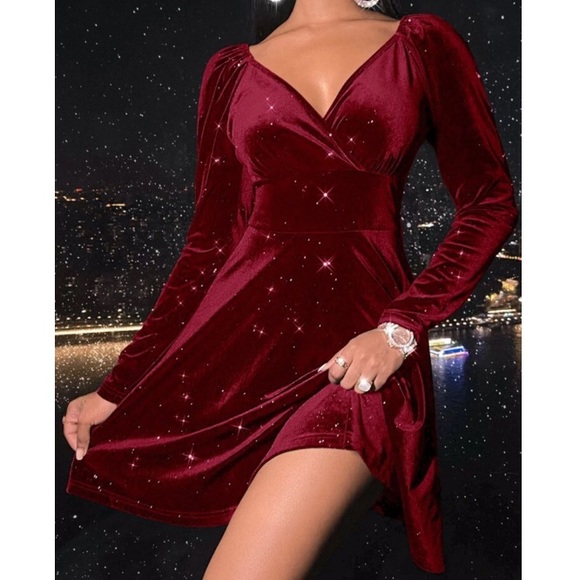 Burgundy velvet  surplice neckline long sleeve A line mini dress - Picture 8 of 15